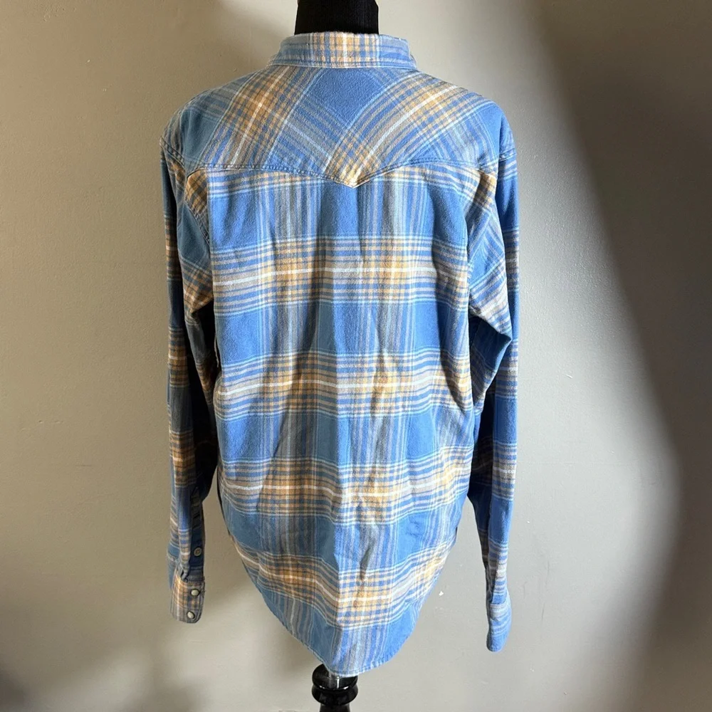Lucky Brand Santa Fe Western Flannel Shirt Blue Gold White Plaid Snap Closure L